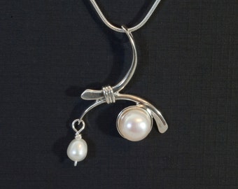 Sterling silver white pearl pendant asymetrical Luna necklace