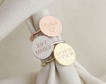 Custom Hand Stamped Personalized Jewelry Initial Ring Disc Ring Custom Coordinates Jewelry Latitude Longitude - RC1