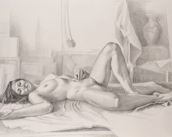 Female Nude Drawing, Lying Naked, Woman Art, Woman Nude, Woman Drawing, Woman Lying down, Pencil on Paper 52X39 CM (20.5"X15.4")