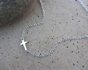 Small Sideways Cross Necklace, Sterling Silver, Tiny Cross, Celebrity Inspired, Silver Cross, Sideway Cross
