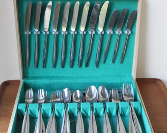 Rare; Dansk IHQ Stainless Steel Flatware Variation V, Germany, Complete 6 Setting, Jens Quistgaard Design, Danish Modern, Modernist, 4 Ducks