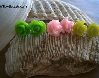Choice Resin Rosebud Earrings on Sterling Silver Posts, Pink or Lime Green Flower Earrings, Willow Glass