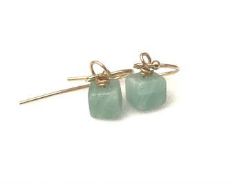 Valentines day gift, ready to ship,Amazonite cube and gold earrings, amazonite earrings. amazonite jewelry, gemstone earrings, aqua earrings