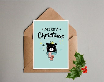 Printable Christmas Card, Bear in scarf, 5x7 card, Merry Christmas, Instant download, Holiday card