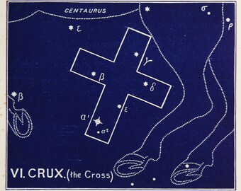 1911 Antique print of STARS. CONSTELLATIONS. The Cross. Crux. Astronomy print. Zodiacal Constellations Zodiac. 117 years old celestial chart