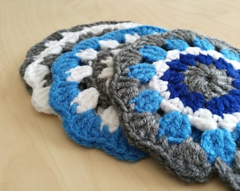 Crochet Doily Coasters Blue White Grey Set of 4