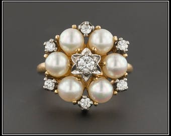 Vintage Tiffany & Co. Pearl and Diamond Ring | Vintage Tiffany Ring | Vintage Pearl Ring | Vintage 14k Gold and Palladium Ring