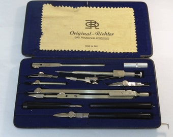 V5 Vintage Estate RARE Made in East Germany GDR Original Richter Precision Drawing Drafting Tools FULL Set 10 pc Case