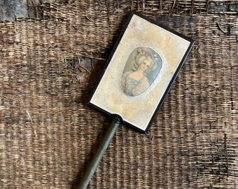 Antique Victorian Hand Mirror Brass Embossed Rococco Woman
