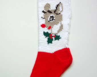 Reindeer Hand-Knit Christmas Stocking