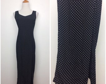 Vintage 80s Dress/ 80s Black and White Polka Dot Midi Dress/ Medium Large