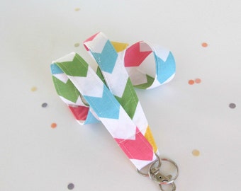 Chevron Lanyard ID Badge Holder in Rainbow Pastels, Keychain OvationStudio Teacher Lanyard
