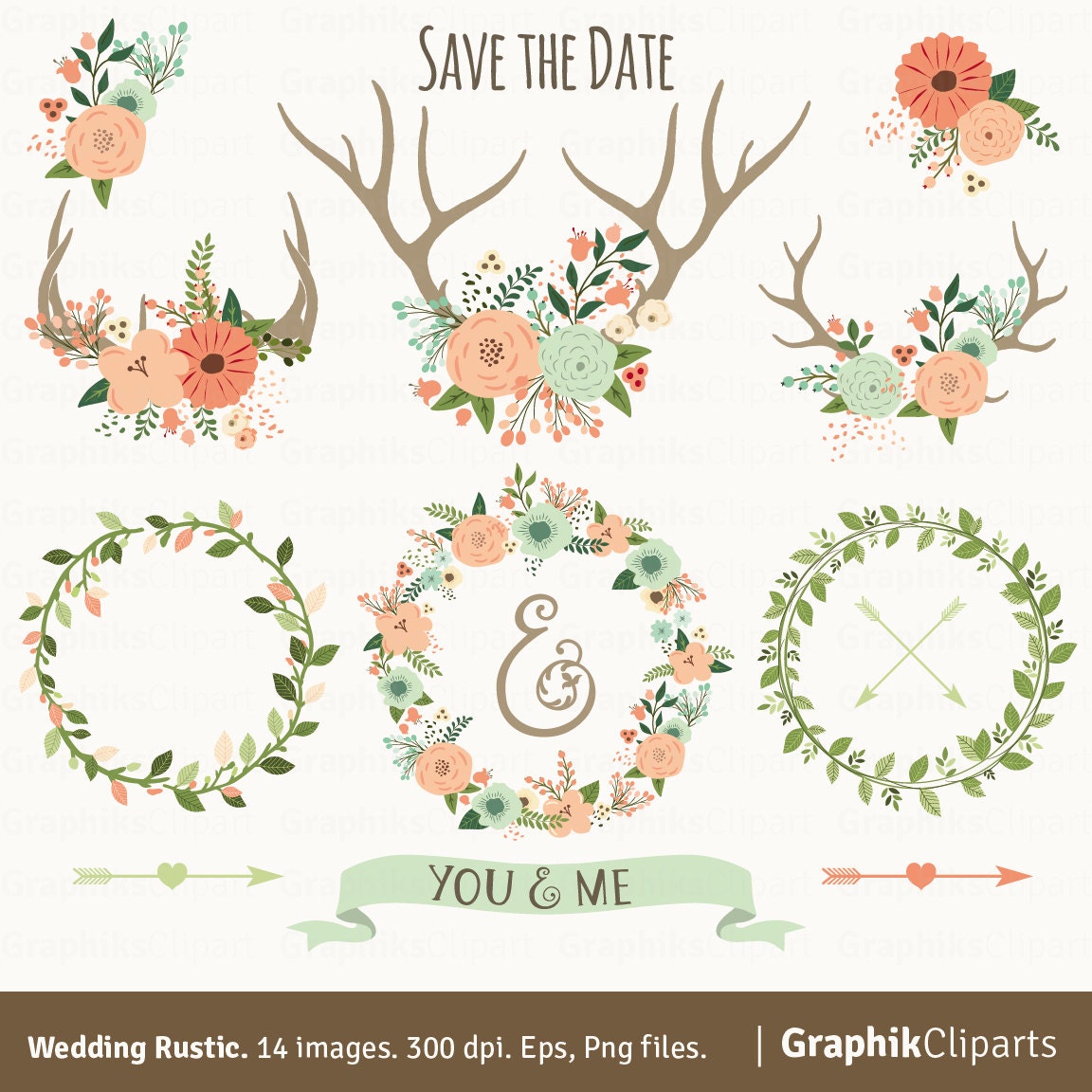 Download Rustic Wedding Clipart. Vector Flowers, Floral Antlers, Floral Wreaths, Arrows, Laurels. 14 ...