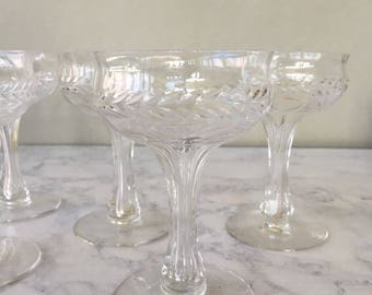 Vintage Hollow Stem Champagne Coupes, Champagne Glasses s/5 | Bryce Laurel Optic, optic glasses, crystal champagne glass, hollow stem coupe