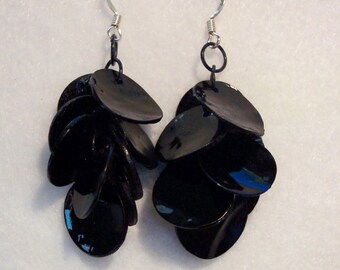 Black Earrings, Black Mussel Shell Earrings, Shell Earrings, Black Dangle Earrings, Clip ons Available
