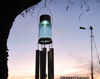 Mason Jar Windchime Light Solar Upcycled Garden Decor, Recycled Wind Chime Mason Jar Solar Light