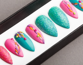 Pink And Turquoise Press on Nails | Fake Nails | False Nails | Glue On Nails | Tracery Nails | Acrylic Nails | Gel Nails