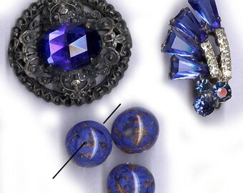 vintage findings cobalt blue COLOR BLEND murano glass beads ornate earring round filigree with cab antique inspiration repurposing celluloid