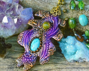 Boho Oak Leaf Necklace handmade OOAK polymer clay unakite howlite gemstone gypsy woodland jewelry