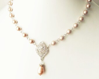 Champagne Bridal Necklace, Art Deco Bridal Jewelry, CHAMPAGNE Pearl Wedding Jewelry, Great Gatsby, Vintage Bridal Jewelry, IVANA