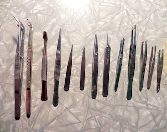 13 pairs tweezers, stamp collecting, model making, surgical, watch repair