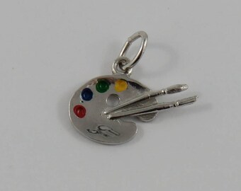 Painters Palette With Enamel & Brushes Sterling Silver Vintage Charm For Bracelet