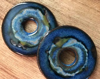 Blue Donut, Art Bead & Bracelet link, Handcrafted Ceramic Pendant,flower pendant ,The Classic Bead, Pendant, gift for gardener