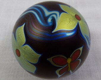 Vintage Correia Paperweight 1979 Iridescent Metallic Gold Floral