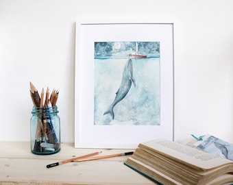 Heart of the Sea - Watercolor whale and girl illustration print. Whimsical ocean art print