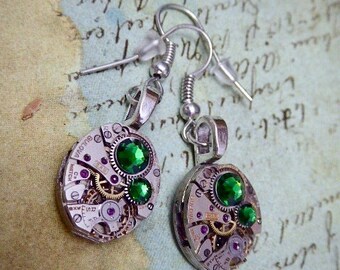 Steampunk ear gear - Emerald - Steampunk Earrings - Repurposed art