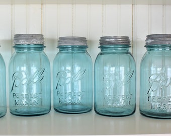 Set of FIVE Vintage Blue Ball Mason Canning Jar Quarts with Zinc Lids