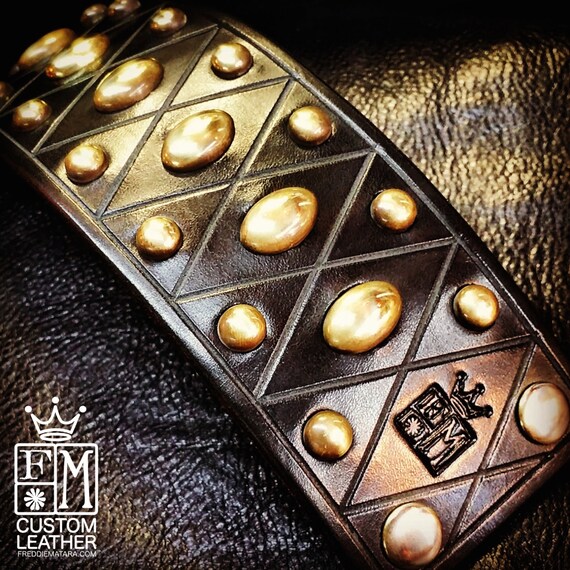 Leather cuff Bracelet Black bridle with Brass spots- Custom Made for YOU in USA by Freddie Matara