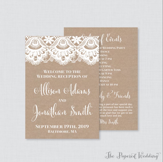 Printable OR Printed Wedding Reception Program Rustic Burlap