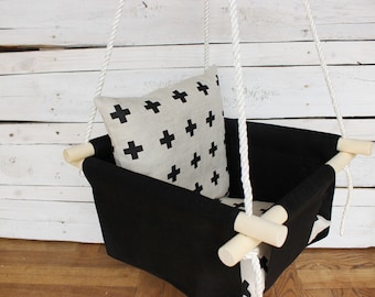 Black Swing for baby with linen Plus sign pillow Swing for toddler scandinavian style for kids First birthday gift for girl or boy