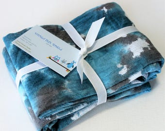 Hand Dyed Kitchen Towels - Flour Sack Tea Towel Set of 2 - Tie Dyed Dish Towels Teal Turquoise Aqua Light Blue Gray Grey White
