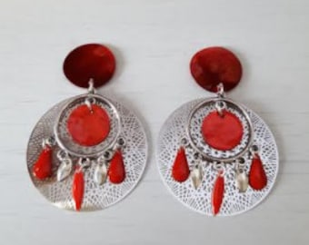 Red and silver dangling earrings