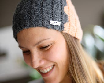Crochet Gray&Peaches Winter Beanie, Snowboard Girls Beanie, Crochet Beanie, Handmade Winter Hat, Handmade Crochet Girls Hat