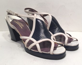 1970s platform sandals - size 8AA - 1970s Jerry Edouard blue and white platforms with box - 1970s platform shoes