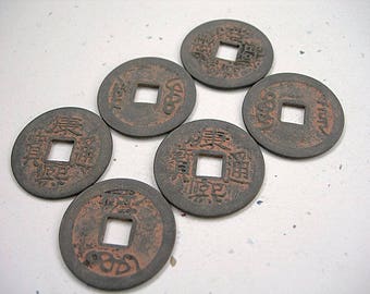 Reproduction Chinese I Ching Coins lot of 6 Slate Gray-Bronze with Red Ochre Patina 24mm ETHNIC ELEMENTS