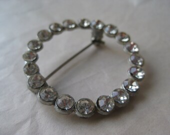 Rhinestone Round Brooch Silver Clear Vintage Pin
