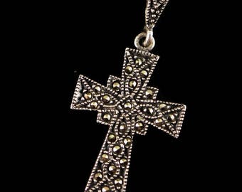 Sterling Silver Cross Necklace, Vintage Sterling Silver Marcasite Celtic Cross Necklace, Sterling Cross Pendant