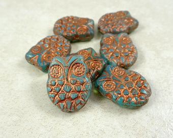 Owl Beads Czech Glass - Picasso Horned Owl Beads - Aqua Opal with Copper Finish (MISC/RJ-2482) - 18x15mm - Qty. 4