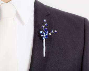 Limited Edition Roayl Blue Boutonniere with Flower- Blue Boutonniere - Mens Boutonniere