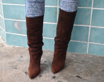 sz 7 m vintage brown leather tall high heel boots IMPERIAL labe bhs1l