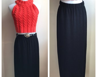 Vintage Black Knit Skirt | Vintage Maxi Skirt | Long Black Skirt | Minimalist Skirt | San Remo by Laura Black Knit 80s Skirt Petite Sz M
