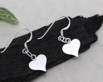 Silver Heart Earrings, Sterling Silver Lightweight Earrings, Silver Flat Heart Earrings, heart earrings Jewelry, silver dangle earrings