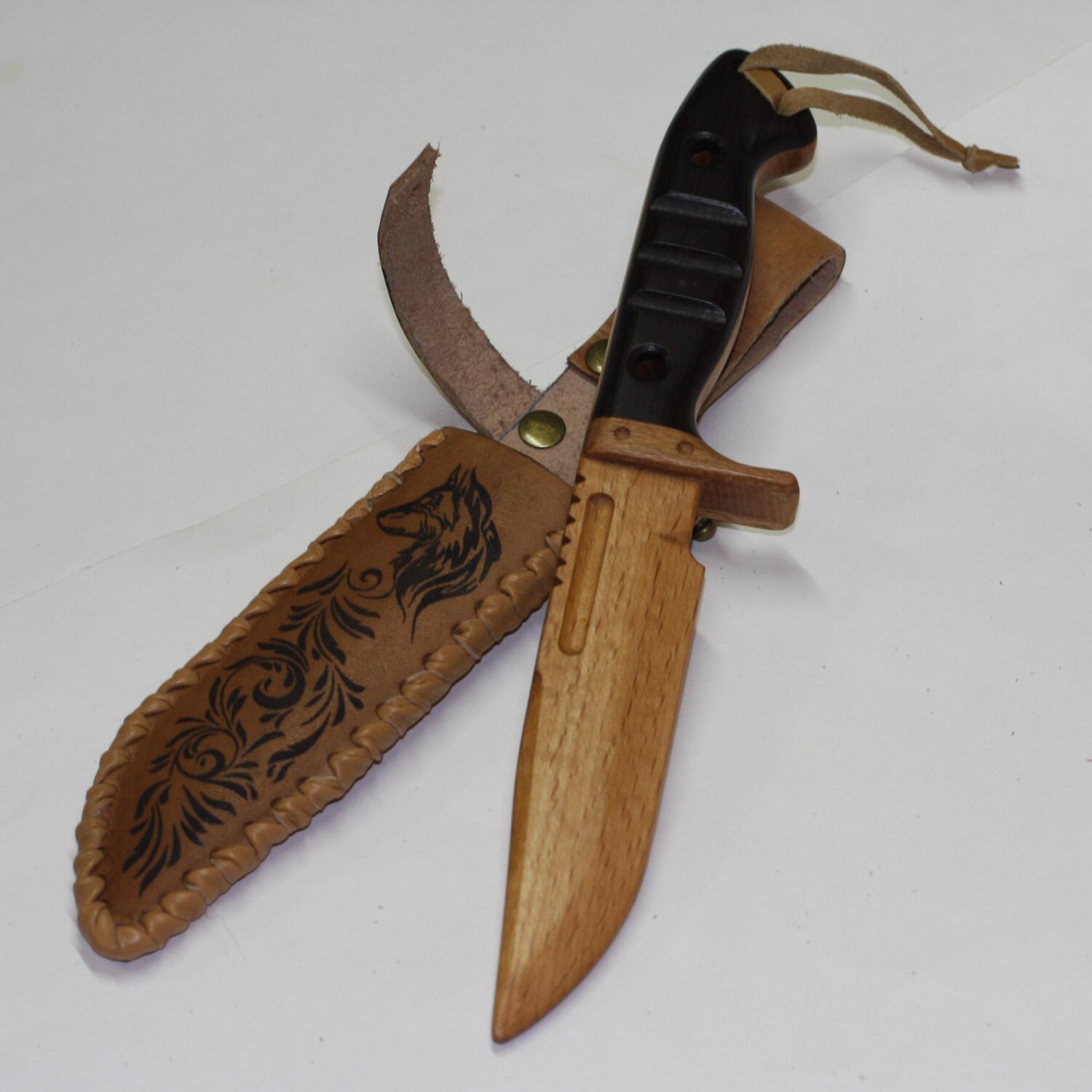 Toy wooden knife with leather sheath