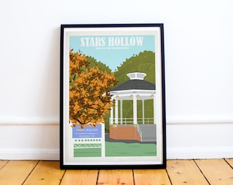 Stars Hollow Travel Poster - Gilmore Girls - Lorelai - Rory - Luke - Stars Hollow - Retro Travel Print - Gazebo