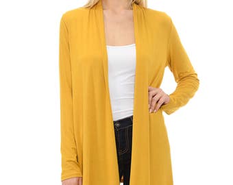 Solid Rayon Spandex Long Sleeve Jersey Cardigan Sweater Mustard