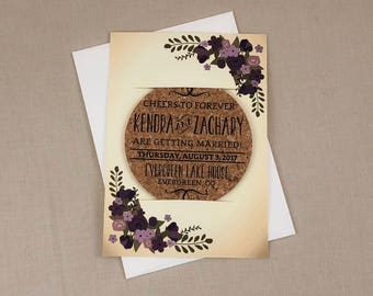 Vintage Eggplant and Purple Floral Cork Coaster Save the Date with A7 Envelope
